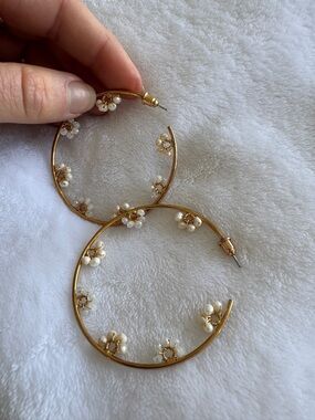 Gold Hoop Earrings with White Faux Pearl Flower Accents